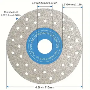 Diamond blade for granite/engineered stone; suitable for cutting, trimming, grinding, and polishing; also for bevel cuts on tiles; 45° bevels, won’t chip edges