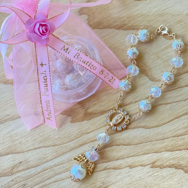 12pcs Personalized Beaded Bracelets, Adjustable Religious Baptism Favors with Pink Ribbon, Custom Name Tag, Mi Bautizo Gift (87-21)
