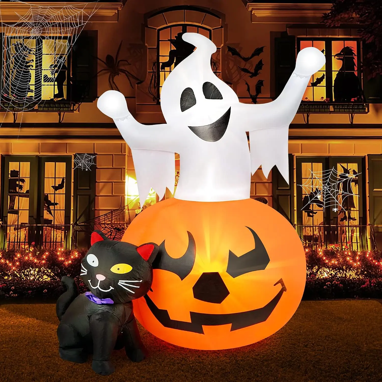 5ft Halloween Inflatable Pumpkin Black Cat Combo - with Witch Hat, Built-in LEDs - Cute Blow Up Ornament for Porch, Lawn
