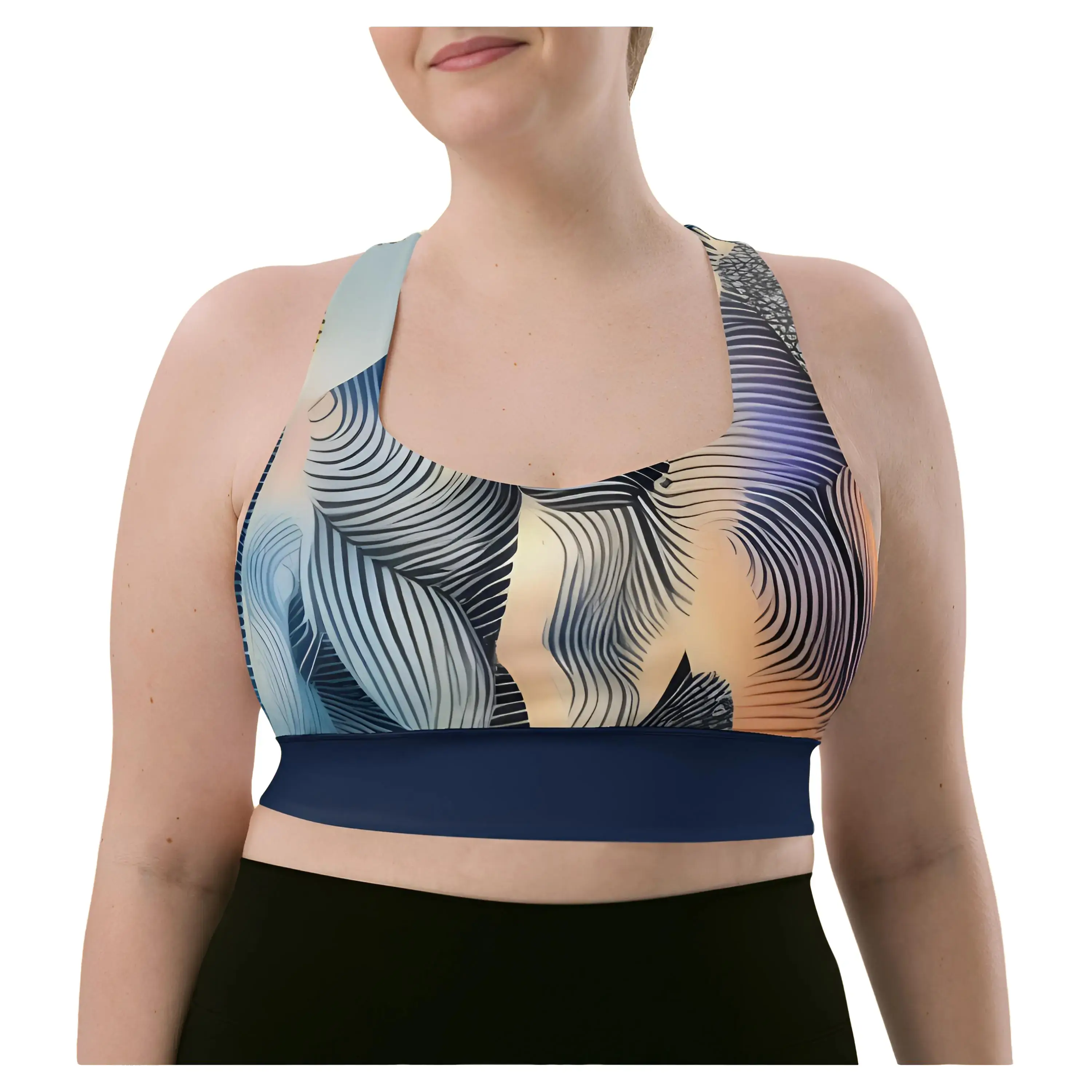 Abstract Fingerprint Sports Bra - High Impact Support Longline Racerback Removable Padding Geometric Modern Art Workout Bralette Crop Top