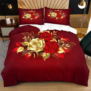 Rose Pattern Printed Soft Durable Bedding Set, Includes 1 Fitted Sheet & Pillowcases, Modern Style Bedroom Decor for Teens Adults