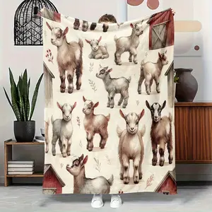 Cozy Cute Youngsters Goat Pattern Blanket Soft Flannellike Texture, Farmhouse Decor Throw with HD, AllSeason Bedspread or Couch Cover Perfect Housewarming Gift for Goat Lovers Scandinavian Style, Animal Theme, Home Decorators 280gsm