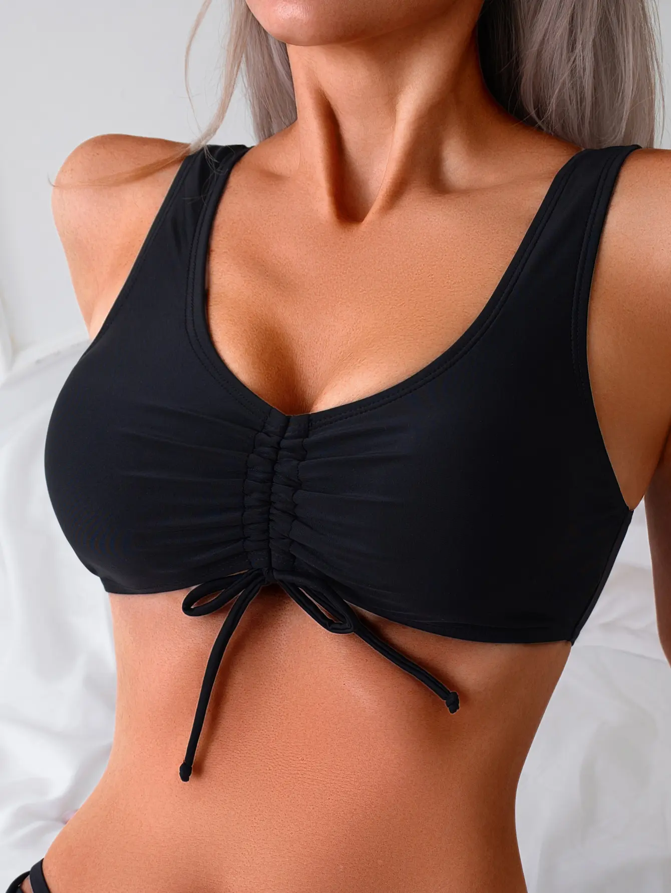 Women's Black Scoop Neck Crop Bikini Top - Adjustable Ruched Drawstring Front, Wide Strap Supportive Solid Color Swim Top for Beach, Pool, Vacation