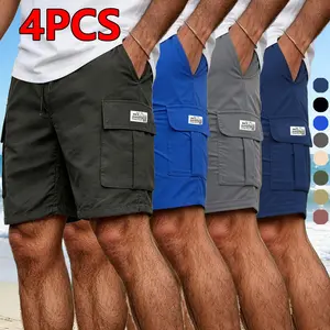 Men’s 4-pack cargo shorts with multiple pockets, adjustable elastic waistband with drawstring, solid color loose casual fit, quick-drying, comfortable and breathable for summer, no sweat buildup; suitable for daily commuting, outdoor sports, and vacations