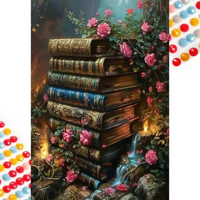 5D DIY Full Drill Round Diamond Painting - Diamond Painting Kits, Diy Handmade Crafts, Book Stack, Roses, Stream Mosaic, Canvas - DIY Decor, Home Wall Art, Suitable for Halloween and Christmas, Birthday and Anniversary Gifts