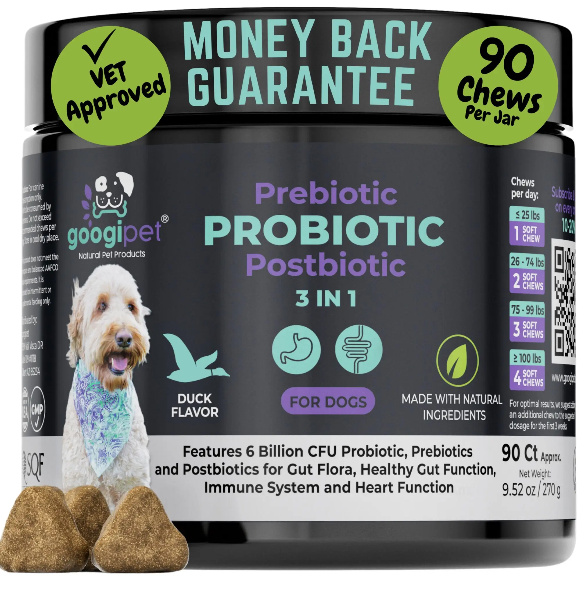 Googipet Premium 3 in 1 Probiotics for Dogs - 6 Billion CFU's Probiotic, 11 Strains of Prebiotics & Digestive Enzymes, Made in the U.S.A.
