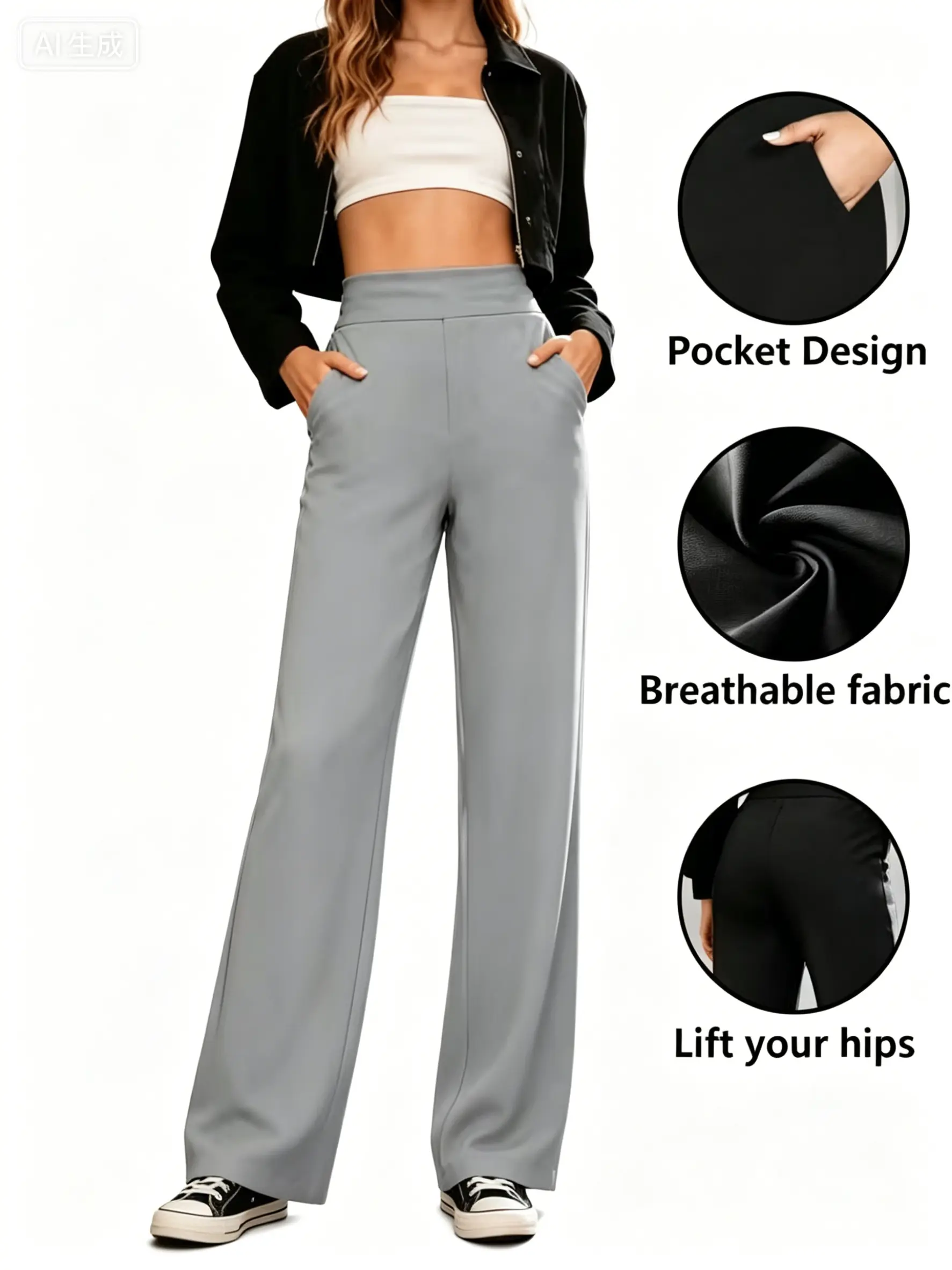 Women's High-Waisted Straight Leg Pants - Soft, Fitted, Stretchy Basic Trouser with Pockets, Foldable, Comfy All-Season Fabric, Chic Look for Business Casual Work, Everyday Wear, Petite & Tall Sizes