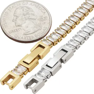 316L Stainless Steel 18k Yellow Gold Plated AAA Cubic Zirconia 5mm Baguette Cut Tennis Bracelet 6.5”-7.5”