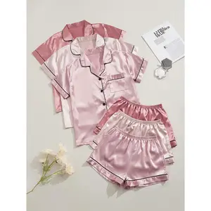 [3 Sets Satin Sleepwear] 3 Sets Satin Pajama Set, Short Sleeve Lapel Top & Elastic Waistband Shorts, Women's Sleepwear & Loungewear