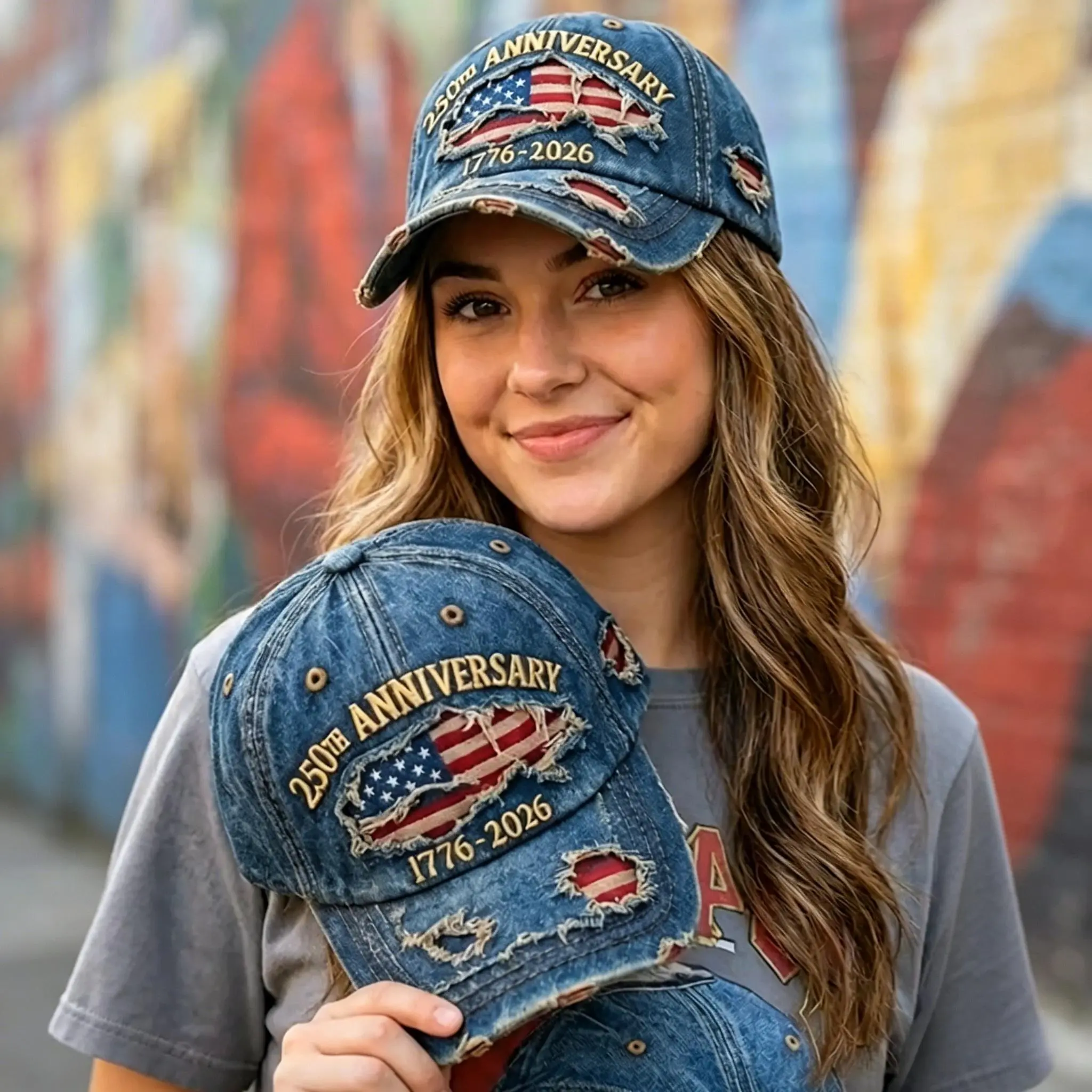 250th Anniversary Baseball Cap, Unisex Vintage Washed Denim with Distressed American Flag, Adjustable Relaxed Fit for Every Day Casual Wear, American Independence Day, Adjustable Band, Denim Cotton, America250, Embroidered Hats, Fathers