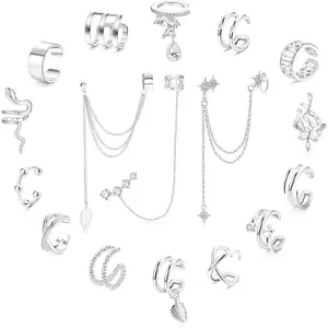 FINREZIO 17 Pcs Silvery Versatile Ear Cuffs for Women Men Alloy Copper Fake Ear Cuff Earrings Set Non Piercing Adjustable Helix Cartilage Clip on Wrap Chain Earrings