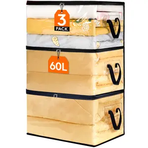 Lifewit Clear Vinyl Foldable Storage Bags - 60L Capacity, Stainless Steel Zippers, Versatile for Closets & Bedding Storage, Smooth Design