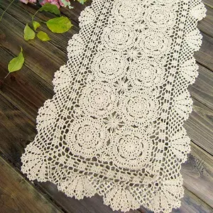 Handmade Crochet Floral Beige Table Runner 100% Cotton Rectangular Table Cover Cloth 15x28 Inch Coasters Tableware