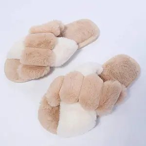 Faux Fur Two Toned Crossband Slippers