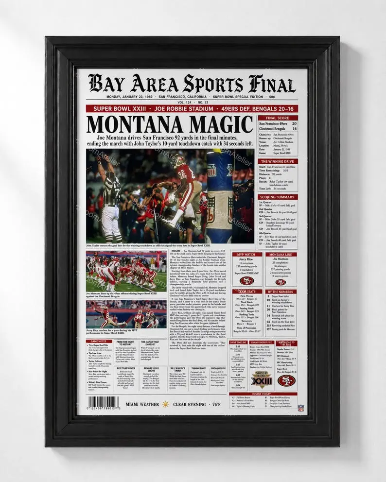 San Francisco 49ers Bowl XXIII Newspaper Print Wall Art, Montana Magic Football Vintage Championship Poster, Home Decor for Bedroom Decor