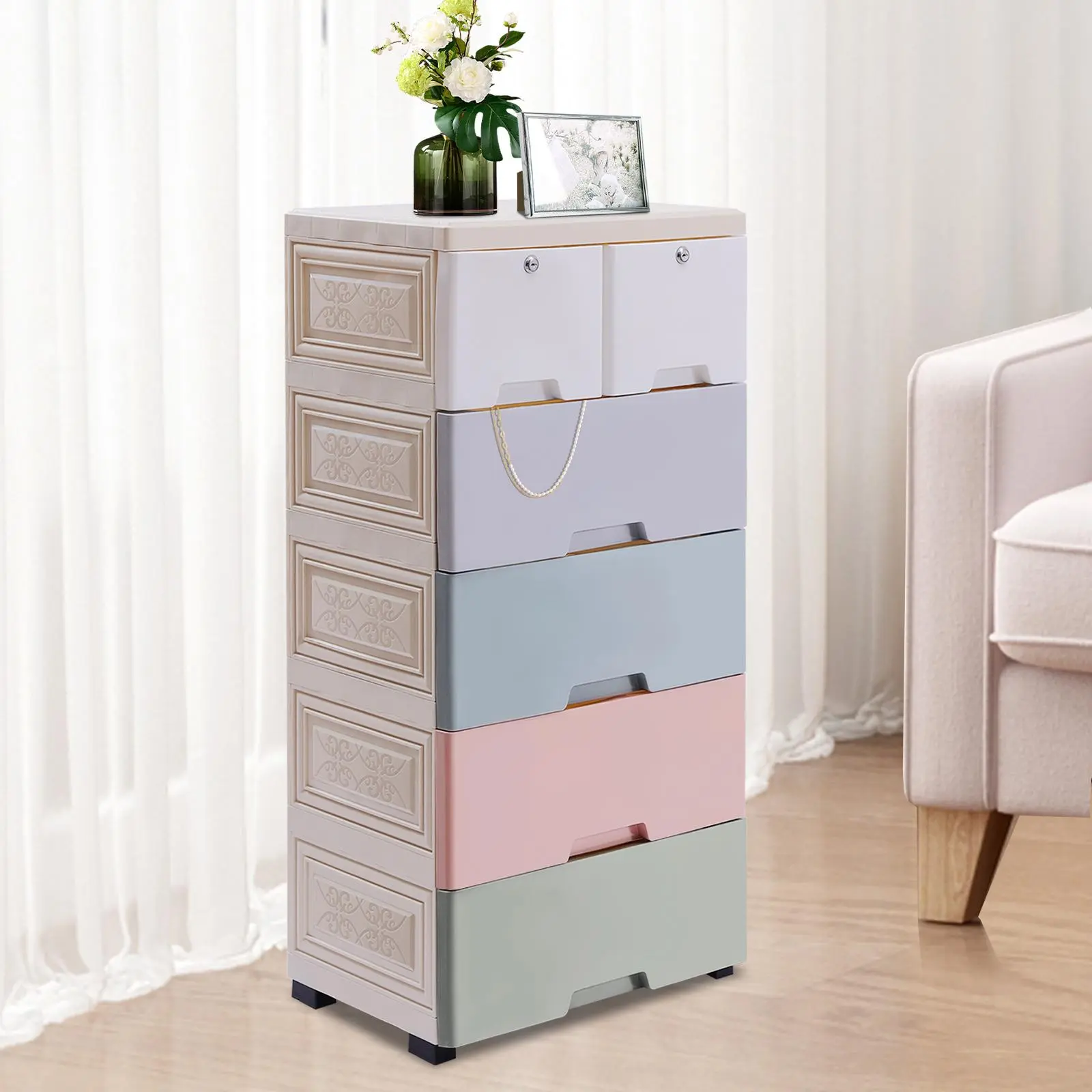 Sturdy Free-Standing PP Plastic Rectangle Floor Dresser - 5-Tier 6-Drawer Lockable Clothes Storage Organizer with Wheels, Drawer Stops, Thermal Transfer Printing, Slides Flexibly, Rust-Resistant, Modern Simple, 30kg Capacity Tall Cabinet for Home Bedroom