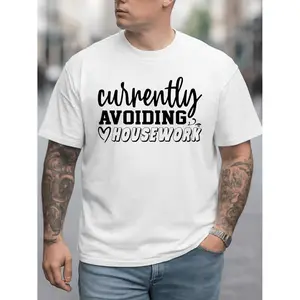 Men's "Currently Avoiding Housework" Funny Slogan T-Shirt - 180gsm 100% Cotton Casual Humor Tee with Short Sleeve Round Neck, Machine Washable Shirt for Dad, Husband, or Lazy Days - Year-Round Comfortable Wear