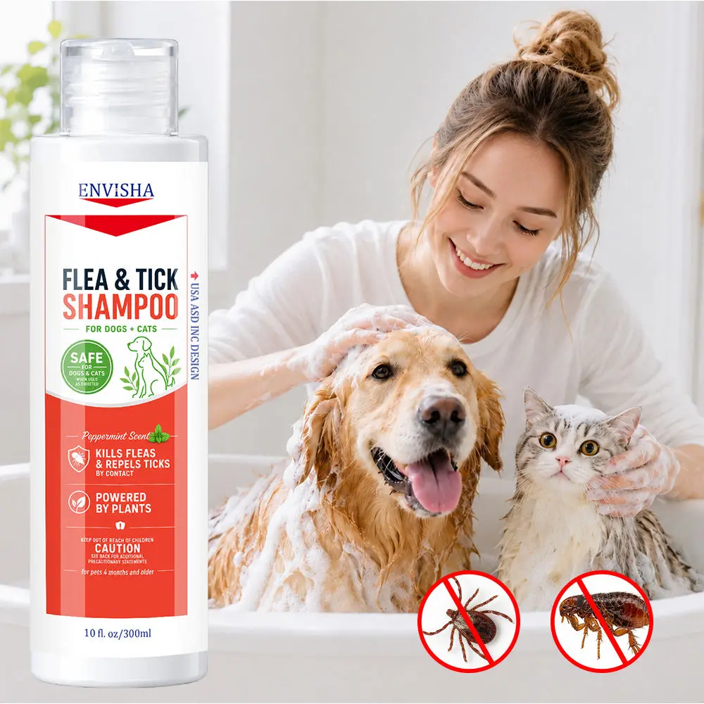 Flea & Tick Removal Shampoo for Dogs & Cats - 16-fl oz Natural, Soothing, Deodorizing Cleaning Formula with Cedarwood Oil, Peppermint for Skin & Coat Care