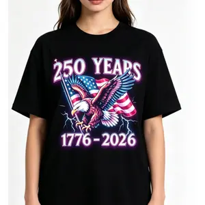 250 Years American Eagle USA Flag Lightning Graphic T-Shirt, Comfort Cotton 4th Of July Fashion Outfit, Cute Oversized Patriotic Tee, Perfect Valentine's Day Gift For Him, Ideal Independence Day Present For Lover Family Friends, Best Holiday Gift For Love