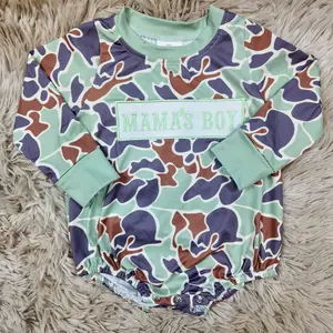 Baby Boy Camouflage Long-Sleeve Romper with "Mamas Boy" Embroidery, Fun Themed Bodysuits, Infant Toddler Bubble Jumpsuit