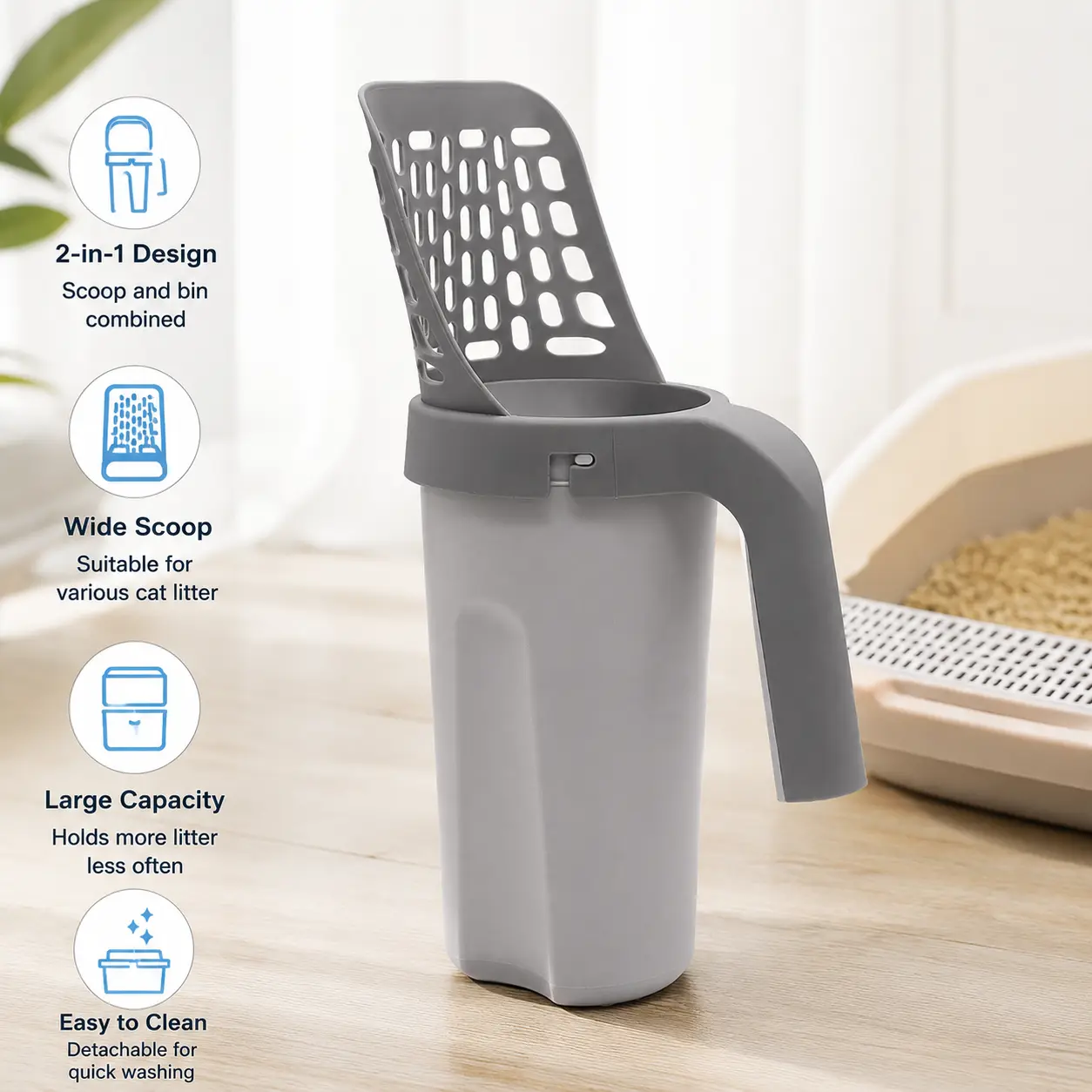 1 Count integrated cat litter scoop with built-in waste container, large storage space, suitable for various cat litter cleaning for pet cats daily use