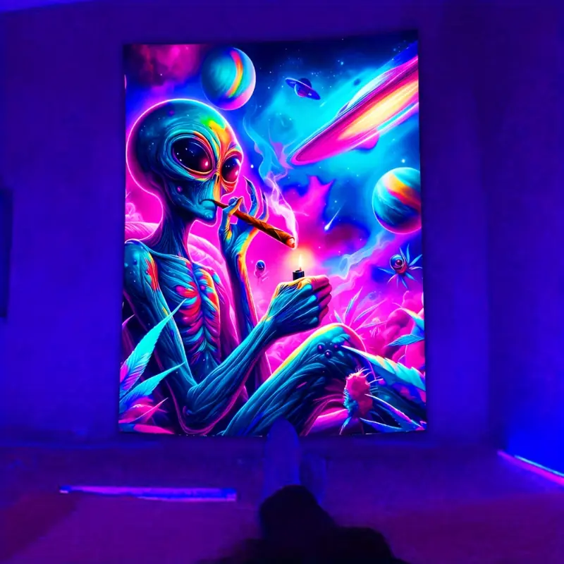 [Artistic Flair] Large Synthetic Alien Theme Smoking Tapestry - Vibrant Space-Themed Peach Skin Fabric Wall Hanging, Ideal for Indoor Bedroom Decor, with Free Accessory, Wall Decor, Indoors