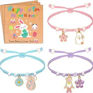 Cute Easter Bunny Charm Bracelet Set - 3 Pcs Adjustable Braided Bracelets (Pink/Blue/Purple) with Bunny Greeting Card, Easter Basket Stuffers, Flower & Egg Pendant Jewelry for Kids Teens Women