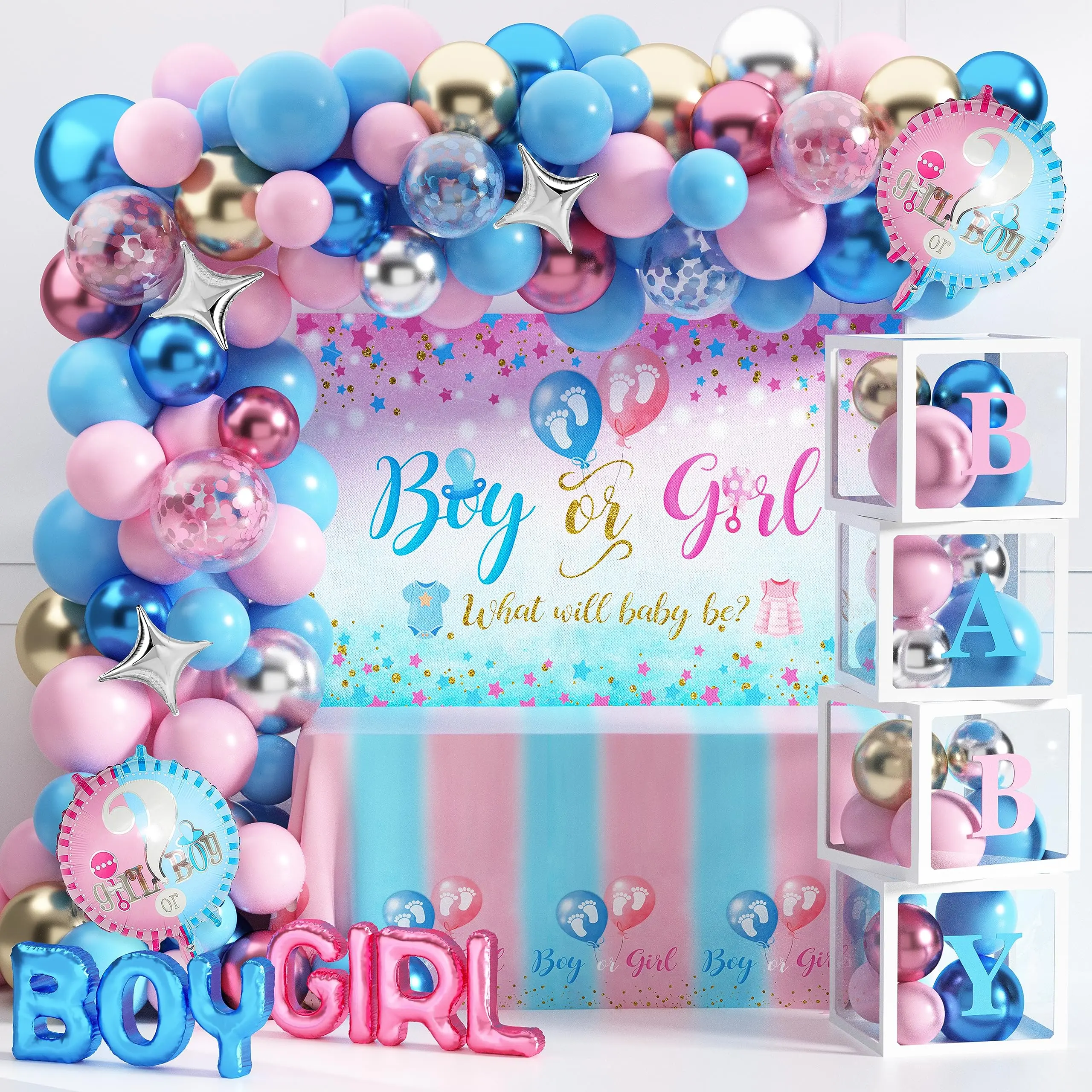 92Pcs Gender Reveal Decorations Kit - Pink & Blue Balloons, Baby Box with Letters, Backdrop
