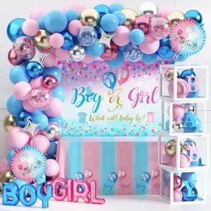 92Pcs Gender Reveal Decorations Kit - Pink & Blue Balloons, Baby Box with Letters, Backdrop