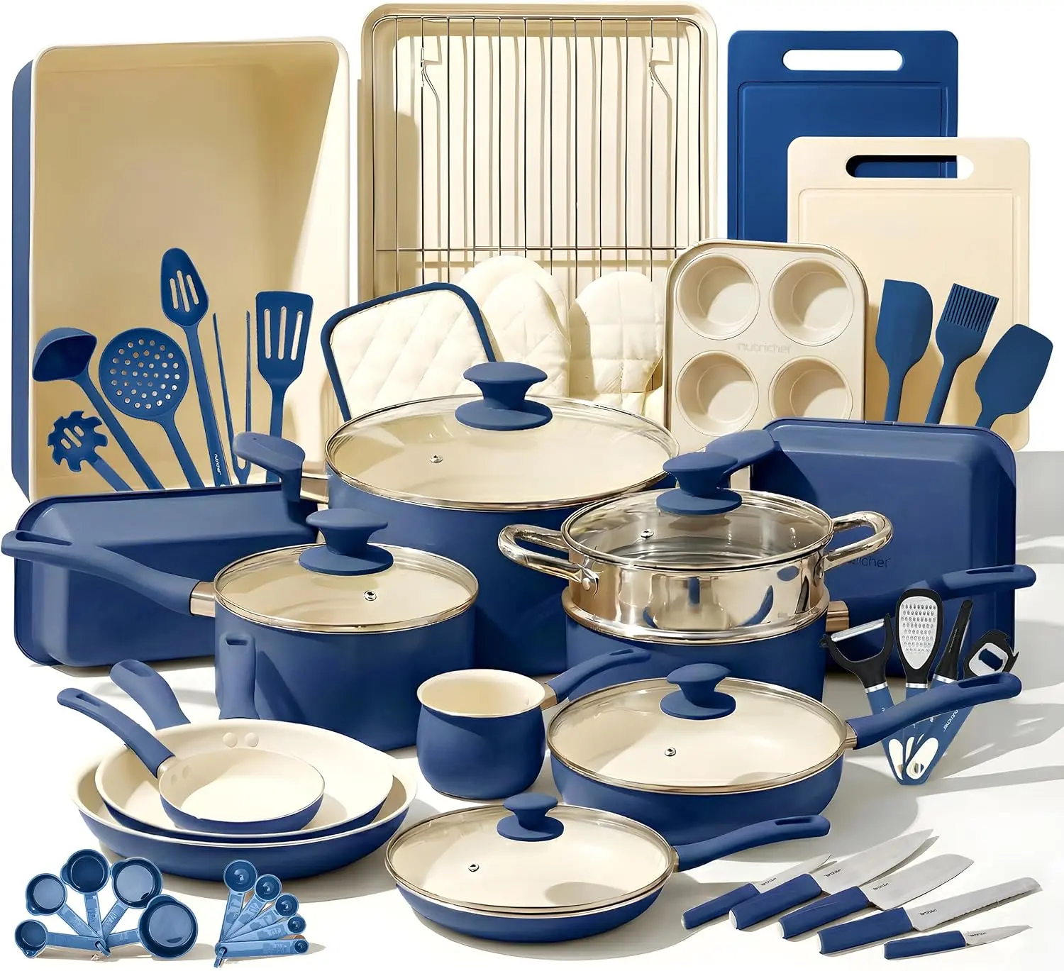 54-Piece Complete Kitchen Cookware Set, Ceramic Non-Stick Bakeware, Pots and Pans, Cool-Touch Handles, Compatible with Gas, Electric and Induction Cooktops, Easy to Clean