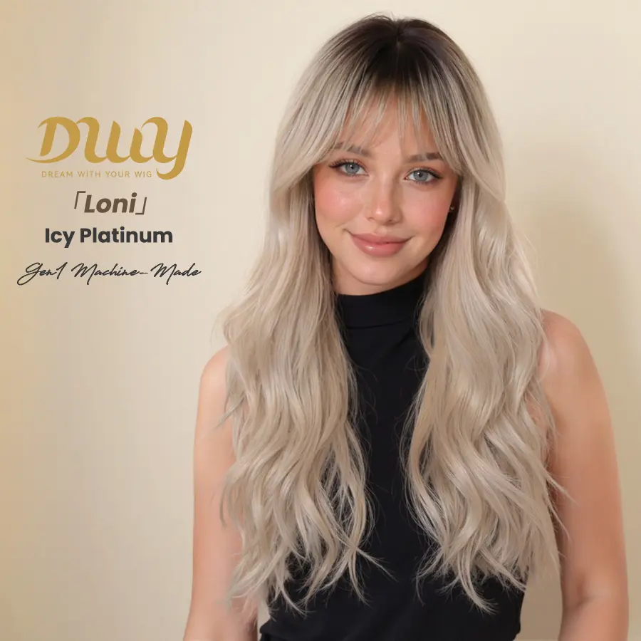 Loni-DWY 24-Inch Long Wave Light Brown Glueless Synthetic Wig with Bangs High-Quality Premium Fiber Easy Wear Comfortable Fit Wavy Synthetic Full Machine Glueless Wigs