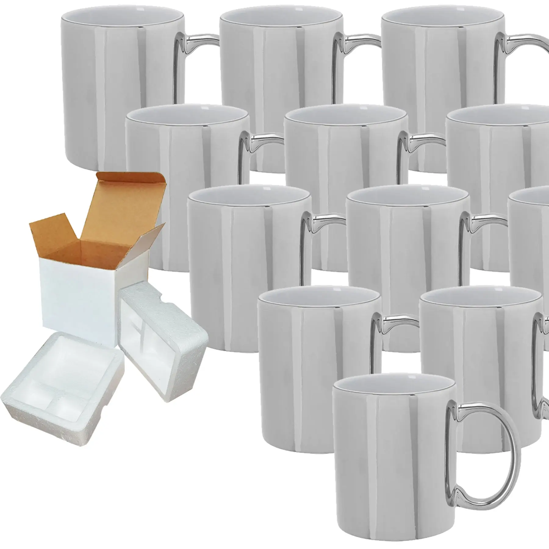 12-Pack of 11oz Metallic Silver Inner & Handle Sublimation Ceramic Mugs - With Foam Support Mug Shipping Boxes
