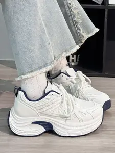 White Blue Mesh Chunky Sneakers Women Platform Casual Shoes Breathable Comfortable Lightweight Height Increasing Walking Shoes