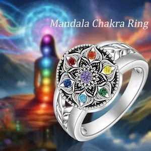 Mandala Chakra Ring Yoga Lotus Flower Rings for Women – Artificial Crystal 7 Chakra Balance Jewelry: Spiritual Rebirth Healing Meditation Accessory Gifts for Yoga Lovers