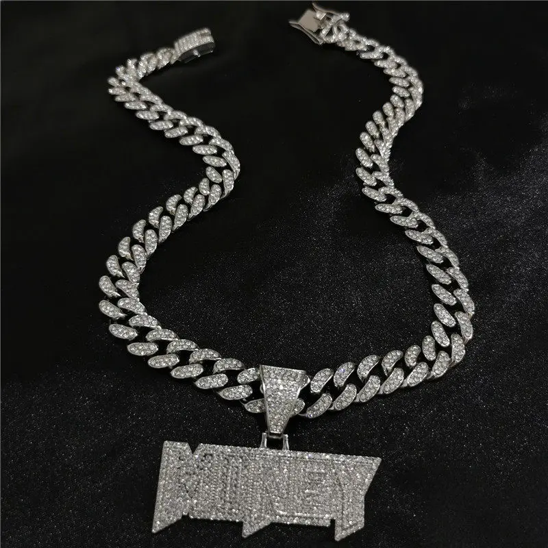 Men's European-American Hip-Hop MONEY Letter Pendant Cuban Necklace - Trendy Rap Fashion Jewelry, High-Density Cuban Logo Chain, Diamond Initial Necklace frownies