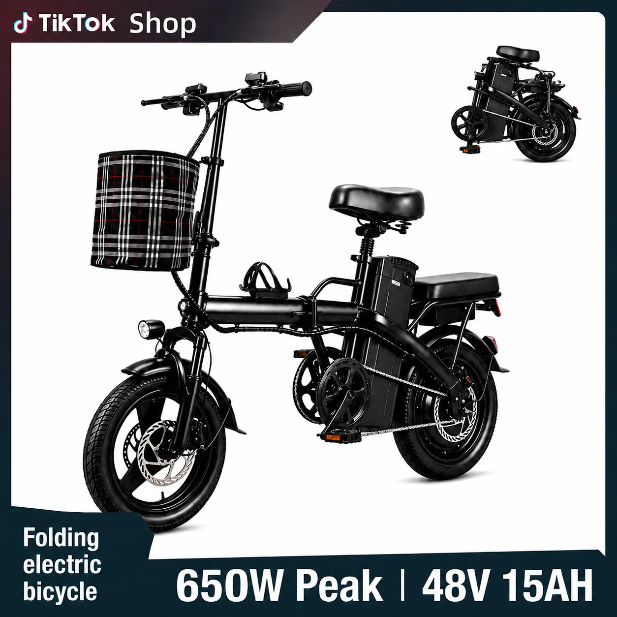 Folding E-Bike Style Bikes, 22MPH Max Speed, ,25-35mi Range, 48V 12Ah Removable Battery, 650W Peak MotorAir Tires, Front-Rear Disc Brakes, LED Display, 2-Person Capacity, Portable Outdoorfun Electric Bicycle