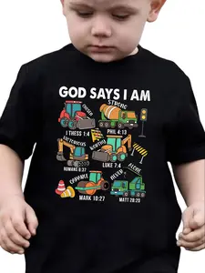 Kids' "God Says I Am" Construction Truck Christian Graphic T-Shirt, Black Cotton Short Sleeve Casual Tee