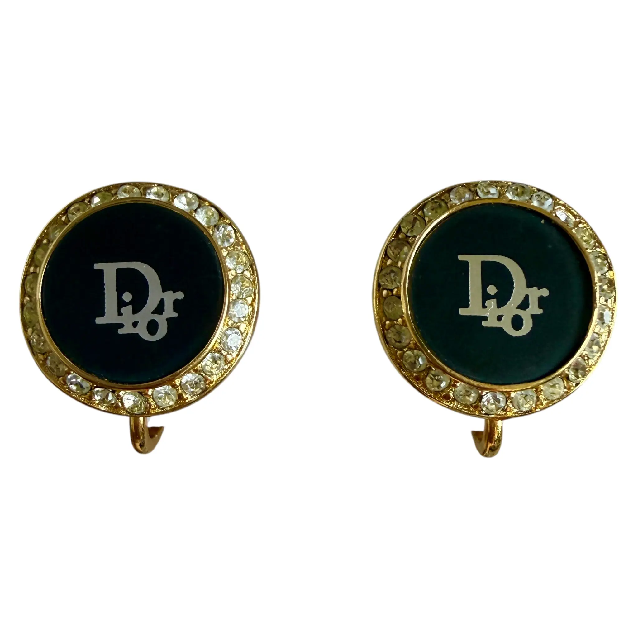 Pre-owned Dior round logo clip on gold plated earrings