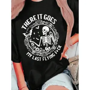 Women's Skeleton & Letter Print Round Neck Graphic Tee, Vintage Trendy Casual Short Sleeve T-shirt for Daily Wear, Ladies Summer Outfit