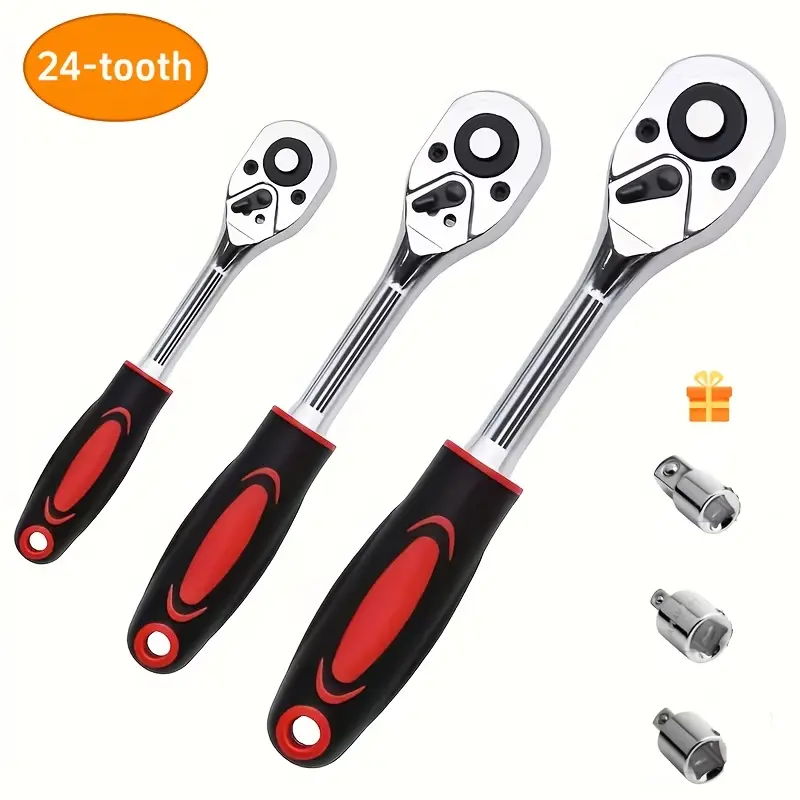 3pcs Ratchet Wrench Set | 1/4" 3/8" 1/2" Drive 24-Tooth Quick-release Retractable Socket Wrench Reversible - Ideal for Mechanics & Enthusiasts - Perfect Gift for Car Repair & Home Improvement (3pcs Sleeve Adapter Included)