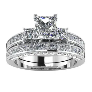 White Gold Plated Bridal Sets Square cut 1.5CT Cz Engagement Ring 2pcs Womens Wedding Ring Sets