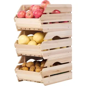 Storage Box - Wooden Stackable Produce Basket - Used for Kitchen Food Storage Organization Fruit Vegetable Storage, Set of 3 Pieces