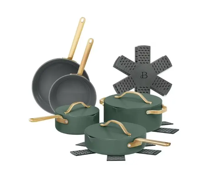 Beautiful 12-Piece Ceramic Nonstick Cookware Set, Pots and Pans with Strainer Lids, White Icing by Drew Barrymore