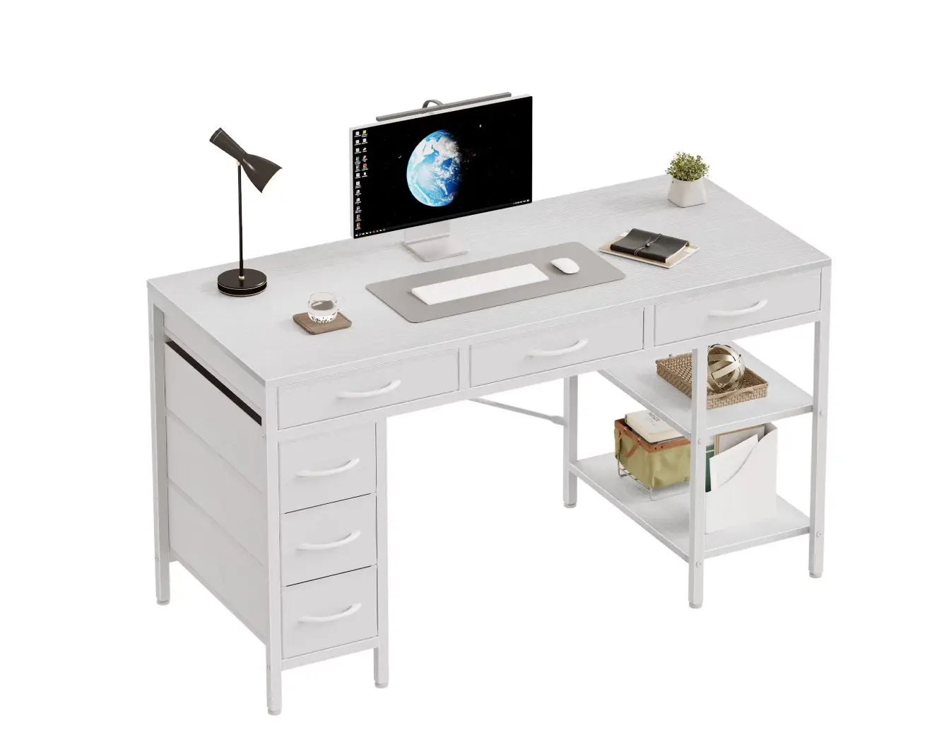 55 Inch Computer Desk with Fabric Drawers & Storage Shelves,Small Home Office Desk Study Table for Home office Bedroom,White