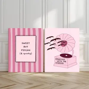 2pcs Sweet And Psycho Wall Art, Spooky Vibes Poster, Playful Halloween Art Prints, Pink And Black Home Decor, Modern Wall Paintings, Minimalist Canvas Posters Wall Arts, Decor for Living Room, Restaurant, Kitchen, Bedroom, Housewarming Gift, With Frame