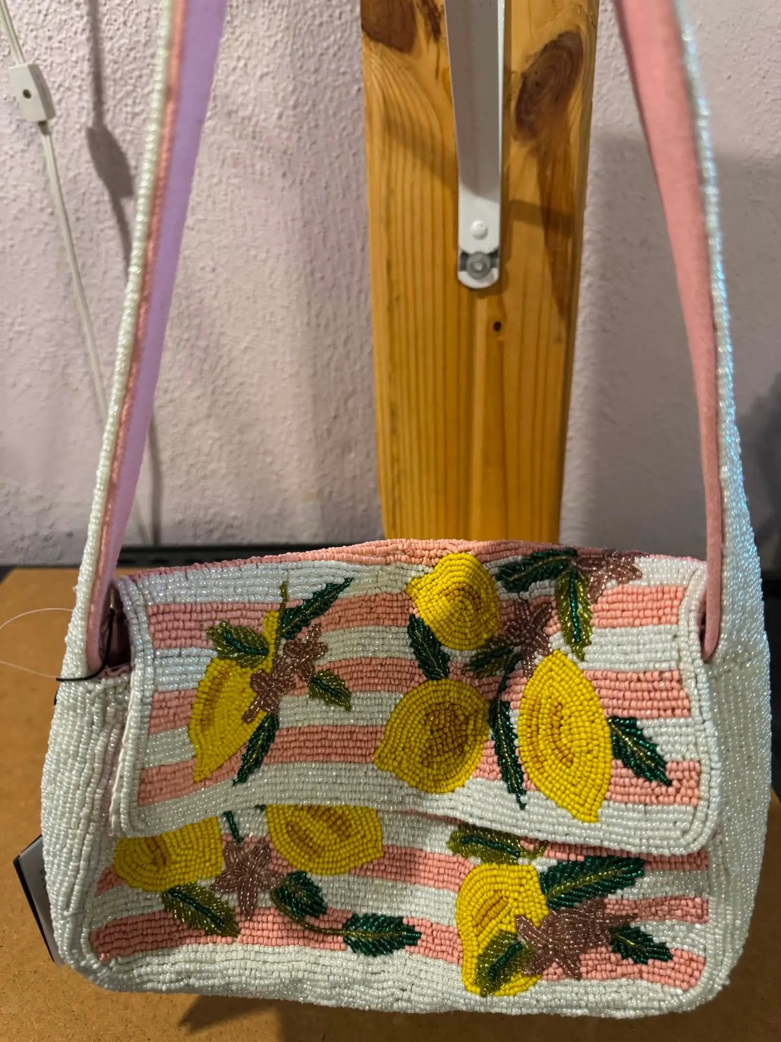 Hand-Beaded Lemon Shoulder Bag with Pink & White Stripes