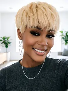 613 Honey Blonde Pixie Wig, Pixie Style, Human Hair Short Wig, Machine Made, Natural Looking, Daily Wear Wig, Stylish and Comfortable
