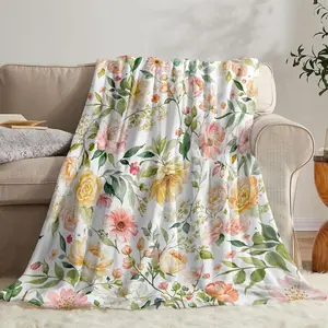 Leafy Watercolor Floral Throw Blanket Fuzzy Cozy Flannel Flower Throws for Couch Sofa Bed Chair Home Decor Gifts, Pink Green