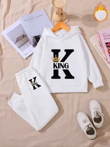 Boys' Fleece Lined Hoodie & Sweatpants Set, King Crown Print, Thick Fabric, Casual Fall Winter, Clothes Kids, Ideal Gift for Kids