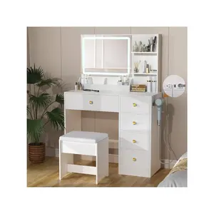 Maximum discount  Desk Mirror And Lights Makeup Vanity Table Charging Station 5 Drawers Bedroom Dressing Set With Chair For Girls Women 3 Lighting Colors White